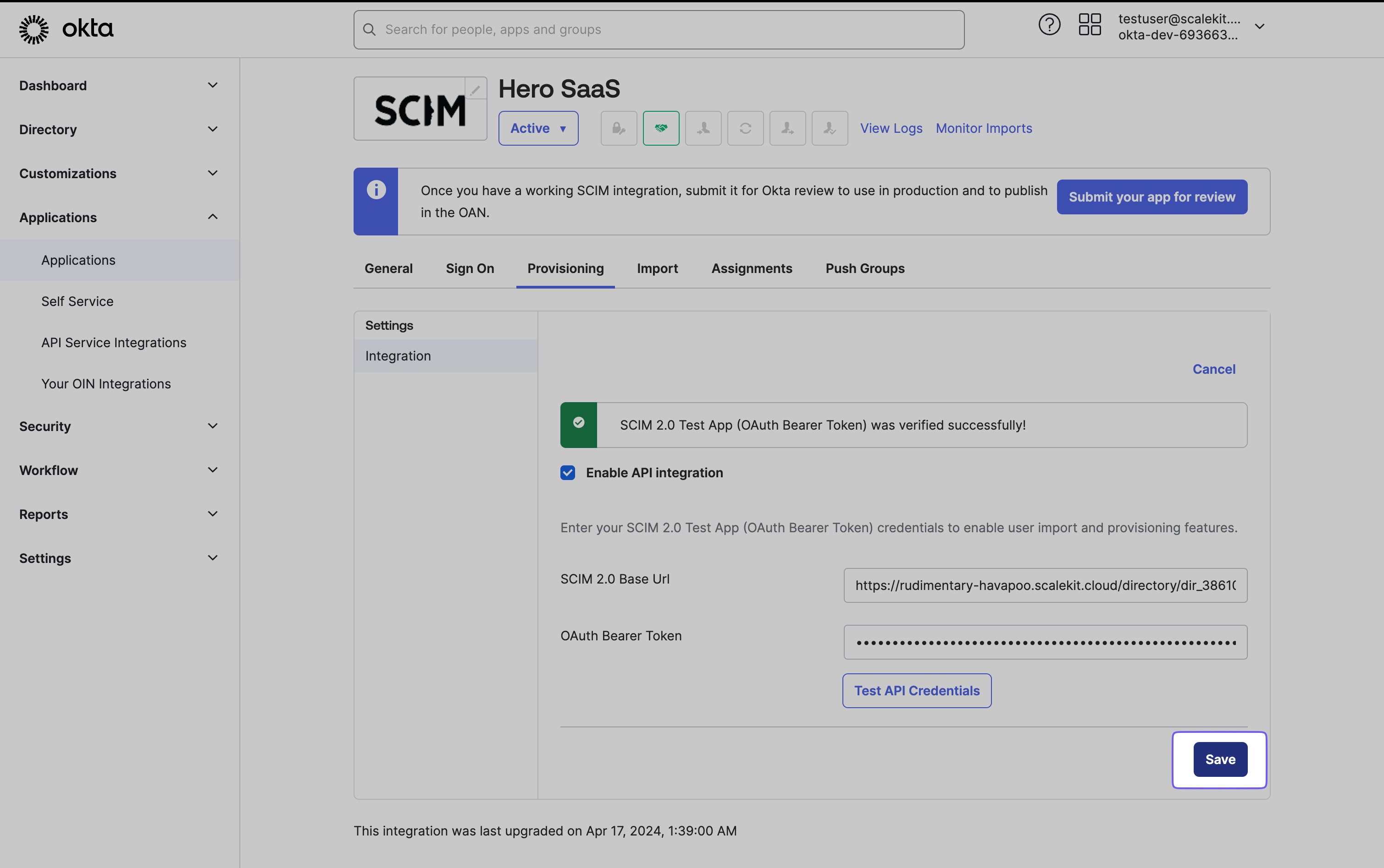 Saving verified SCIM API integration settings for Hero SaaS in Okta