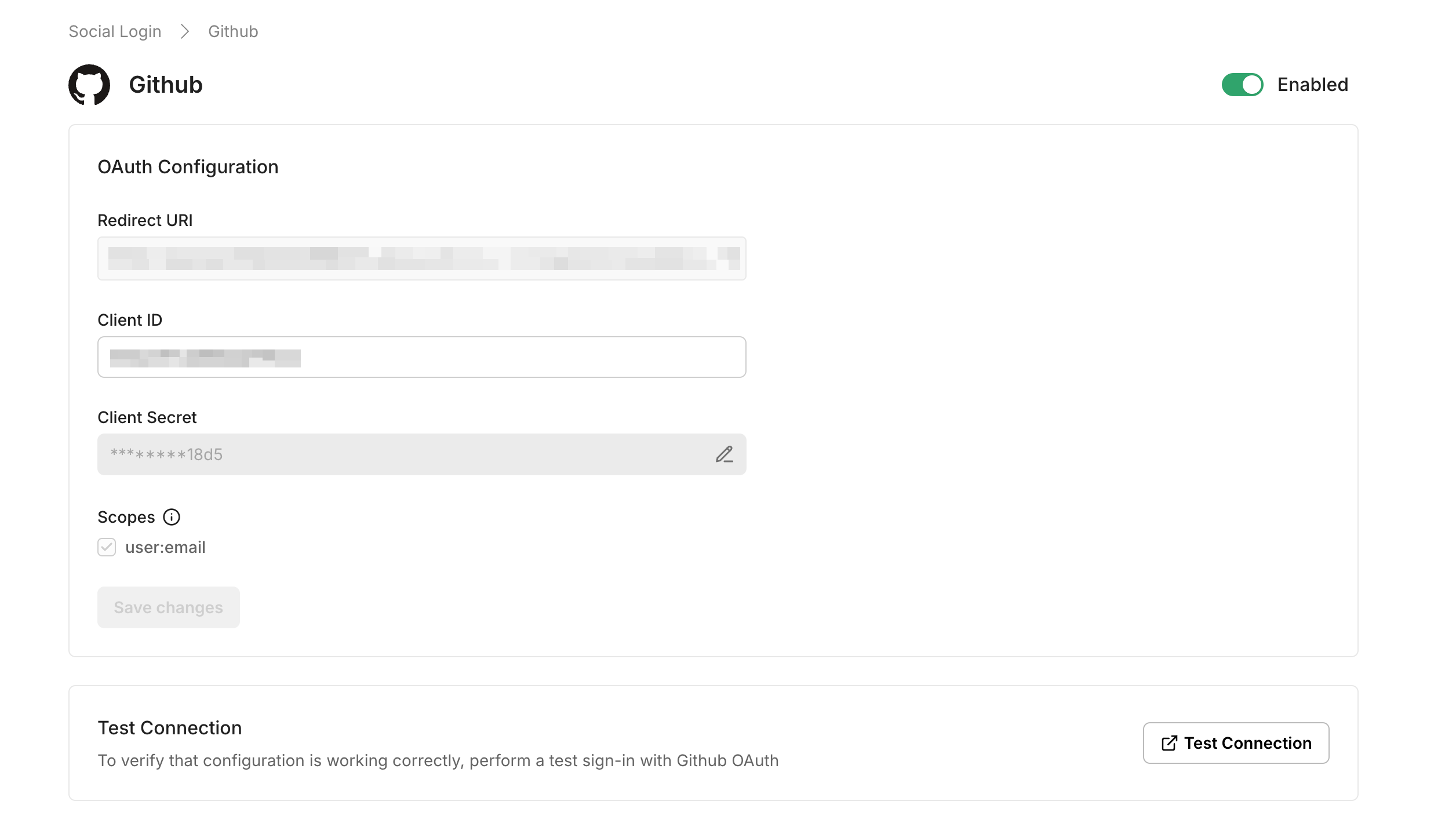 Github OAuth configuration for social login, showing redirect URI, client ID, and scopes for
authentication.