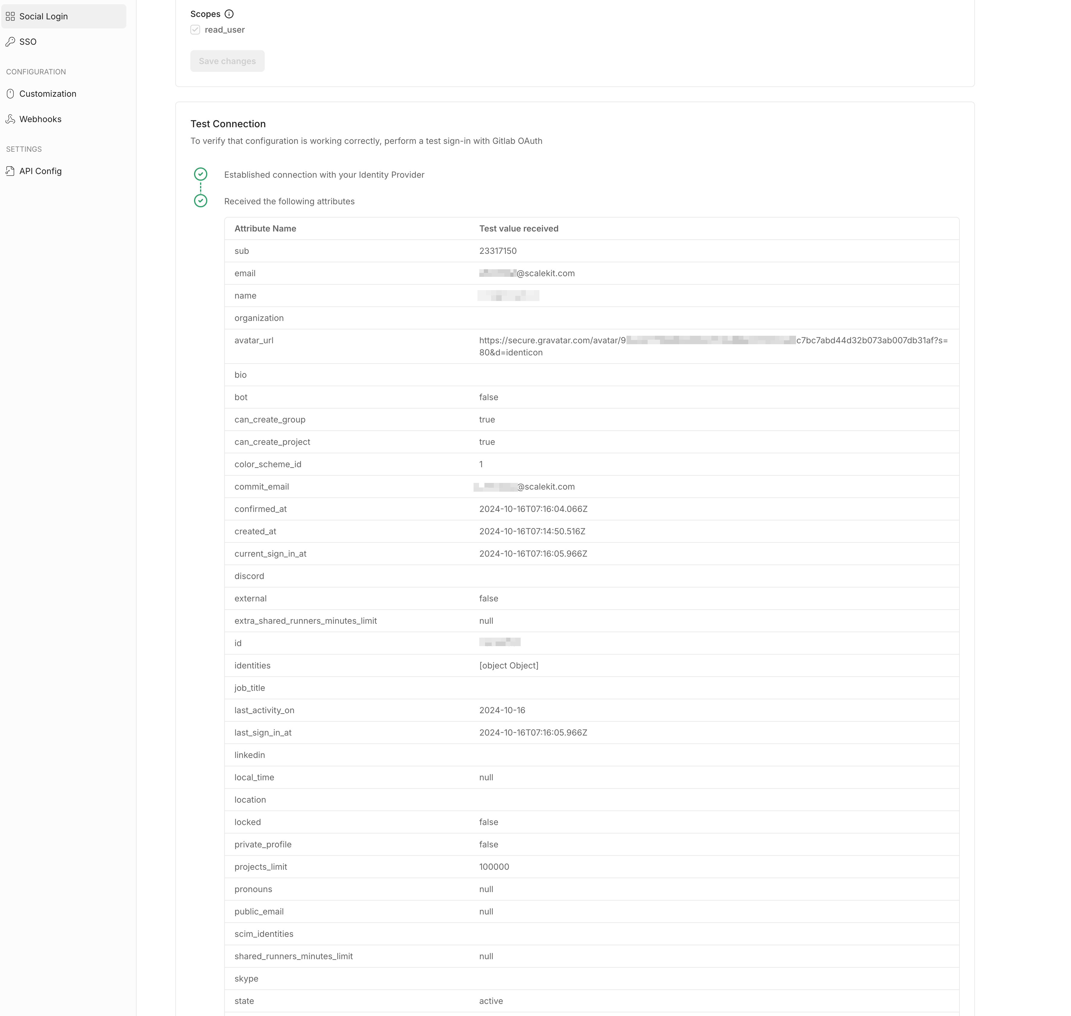 Gitlab OAuth configuration for social login, showing redirect URI, client ID, and scopes for
authentication.