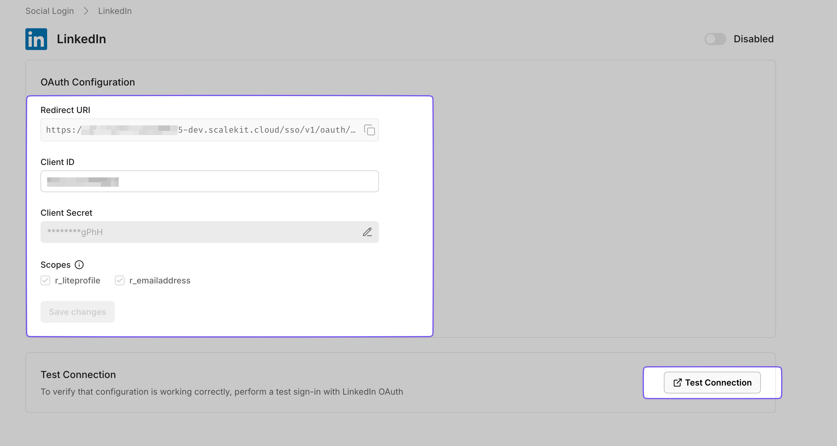 Google OAuth configuration for social login, showing redirect URI, client ID, and scopes for
authentication.