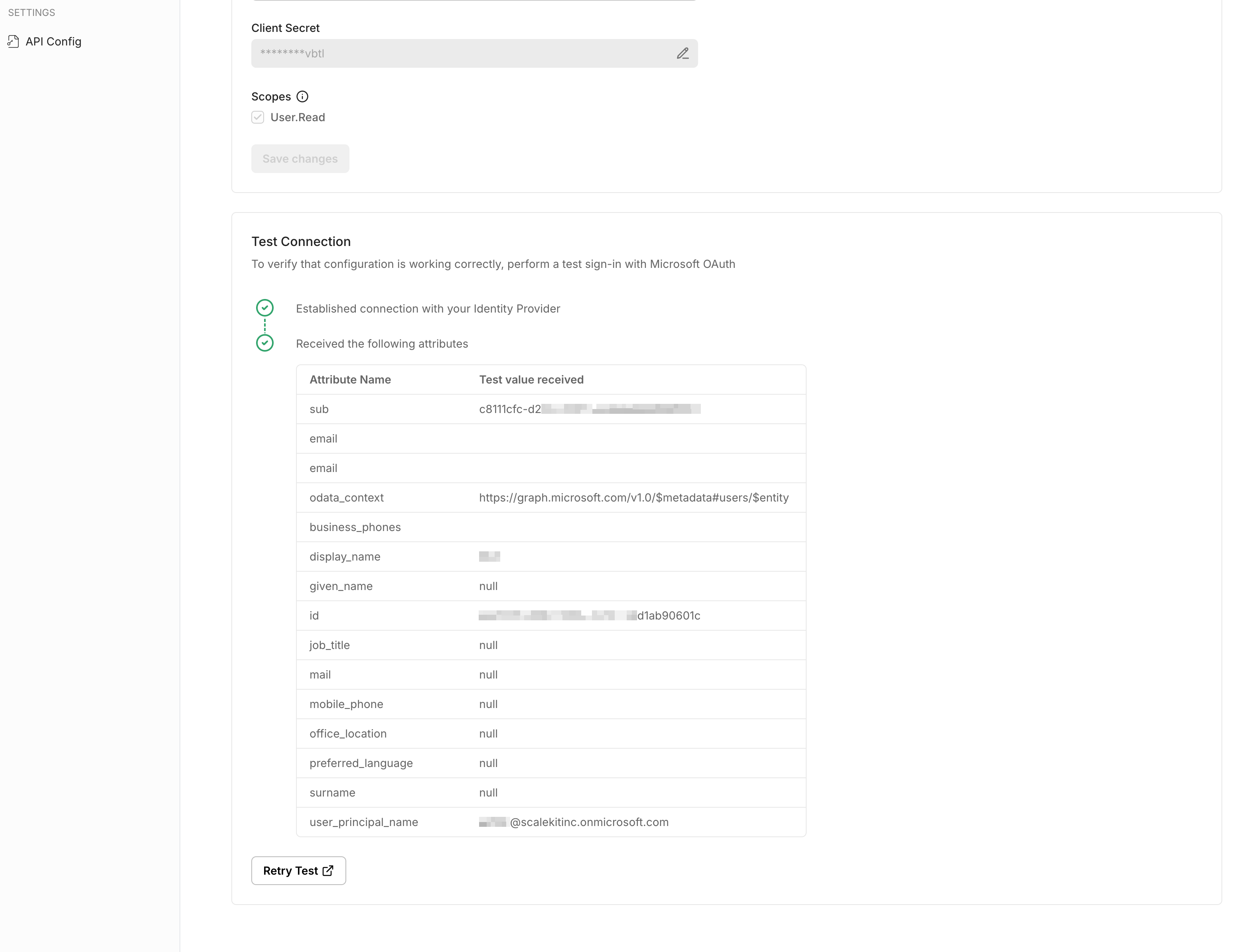 Microsoft OAuth configuration for social login, showing redirect URI, client ID, and scopes for
authentication.